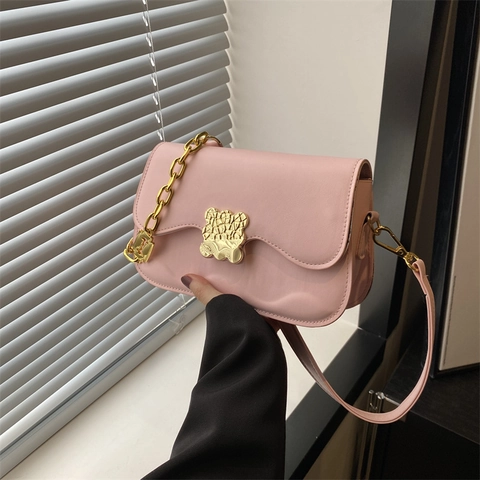 Women Shoulder Bag PU Leather Scalloped Flap Golden Bear Buckle Chain Strap Crossbody Fashion Underarm Messenger Purse