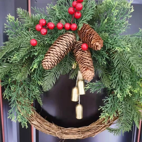 Christmas Wreath Farmhouse Bohemian Holiday Decor Pine Cones Red Berries Metal Bells Artificial Greenery Rattan Base Front Door Hanging Ornament