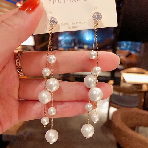 Long Tassel Artificial Pearl Drop Earrings Alloy Zircon Jewelry With 925 Sterling Silver Earring Post For Women Elegant Style