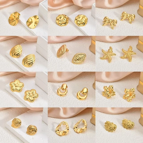 Fashion 18K Gold Plated Stainless Steel Stud Earrings For Women Minimalist Geometric Floral Shell Star Heart Earrings Jewelry Gift