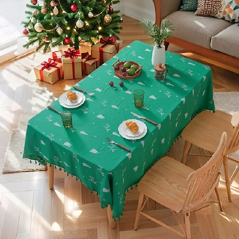 Christmas Tablecloth Linen Reindeer Tree Embroidery Tassels Rectangular Dustproof Holiday Dining Table Decor