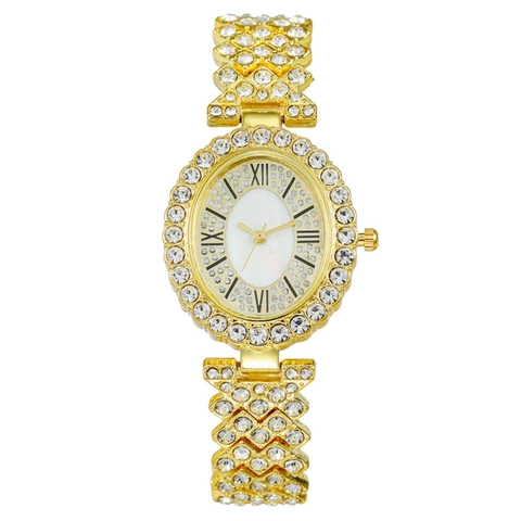 Women Fashion Watch Elegant Full Rhinestone Bling Oval Dial Metal Bracelet Quartz Wristwatch Jewelry Gift