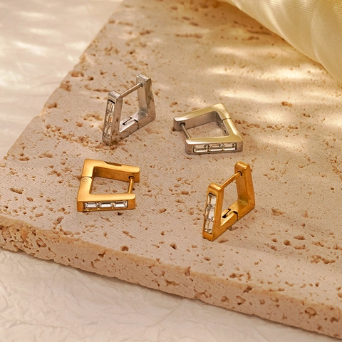 Geometric Square Huggie Hoop Earrings Stainless Steel Zircon Inlaid 18K Gold Plated Minimalist Trendy Jewelry Women