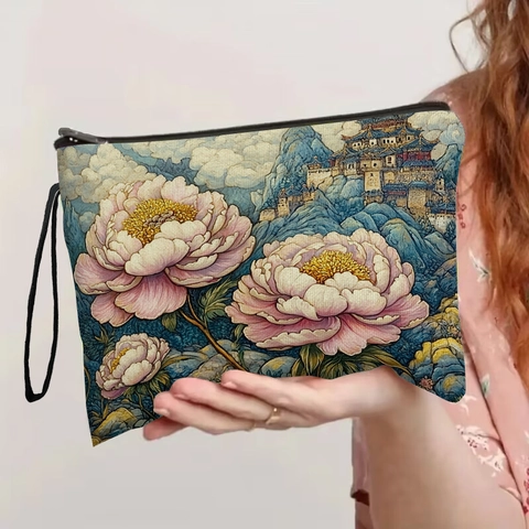 Trousse De Maquillage Fleurie Artistique En Lin Pochette Cosmétique Avec Fermeture Éclair Et Dragonne Peinture À L'Huile De Paysage Pour Femmes