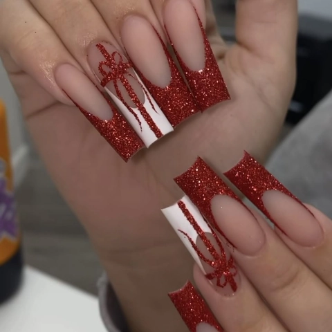 Red Glitter French Tip Press On Nails Long Coffin Bow Artificial False Nails Christmas Party Style