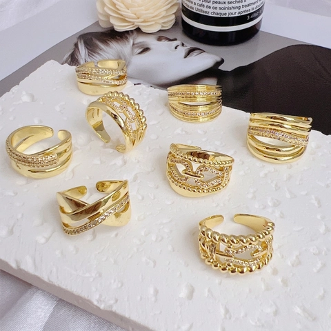 Fashion Adjustable Rings Copper 18K Gold Plated Zircon Geometric Multi Layer Wavy Chain Link Braided Open Design For Women