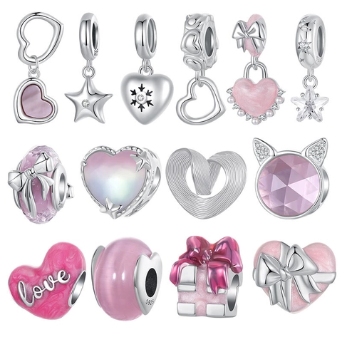 925 Sterling Silber Charms Herz Stern Schleife Katze DIY Perlen Schmuckherstellung Zubehör Für Damen Romantischer Stil