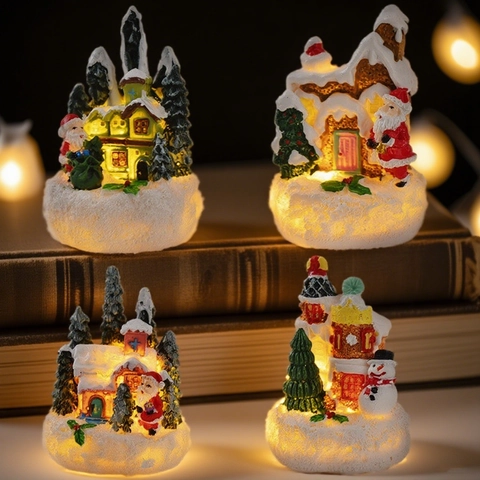 Christmas Luminous Resin House Miniatures LED Warm Light Desktop Ornaments Santa Claus Snowman Micro Landscape Decor