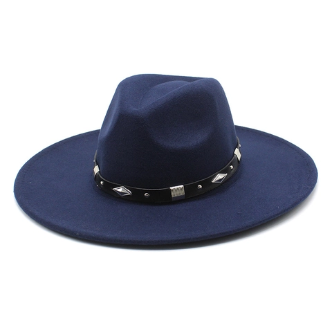 Wide Brim Fedora Hat Vintage Jazz Felt Cap With PU Leather Band Silver Metal Rhombus Rivets For Men And Women