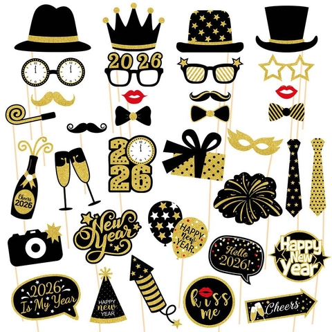 Accessoires De Photomaton Nouvel An 2026 Papier Pailleté Amusants Célébration Réveillon Noir Or Décorations