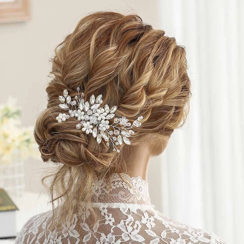 Bridal Hair Comb Artificial Pearl Crystal Rhinestone Handmade Wedding Headpiece Floral Leaf Design Jewelry For Women Bridesmaids