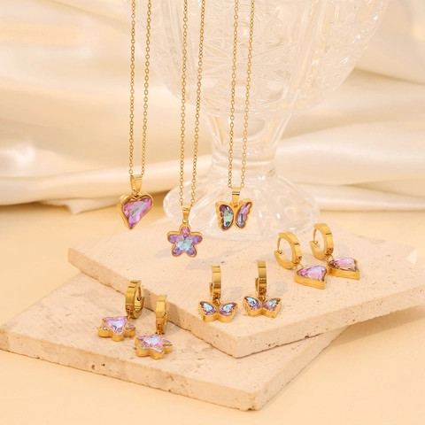 Stainless Steel Necklace And Earrings Heart Butterfly Star Shape Purple Gradient Glass Fashion Jewelry For Women