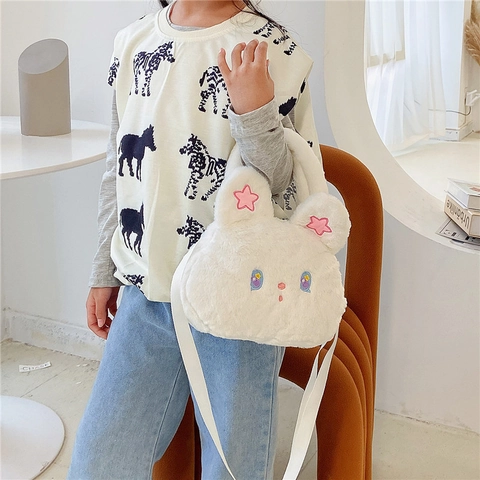 Cute Plush Rabbit Cartoon Crossbody Bag For Kids Girls Soft Faux Fur Animal Shaped Shoulder Handbag Adjustable Strap