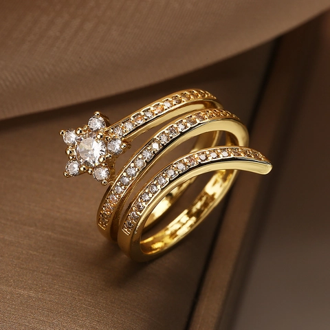 Unregelmäßiger Geometrischer Kupfer Offener Ring Vergoldet Strass Böses Auge Stern Blume Verstellbarer Fingerring Für Damen Vintage Schmuck