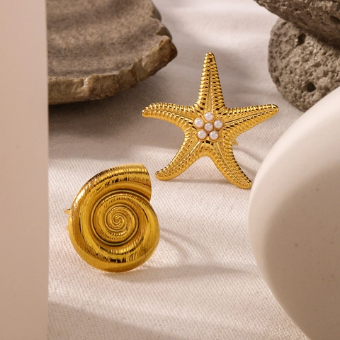 Anelli In Acciaio Inossidabile Stella Marina E Conchiglia Con Imitazione Perla Artificial Placcato Oro 18K Regolabile Gioielli