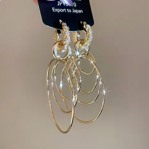 Boucles D'oreilles Pendantes Multi Cercles Concentriques Alliage Strass Doré Rétro Exagéré Bijoux De Créateur Pour Femmes