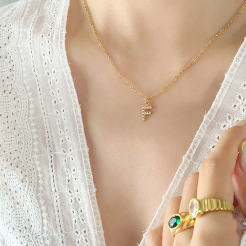 Initial Hanger Ketting 18K Verguld Titanium Staal Zirkonia Minimalistische Sieraden Voor Dames