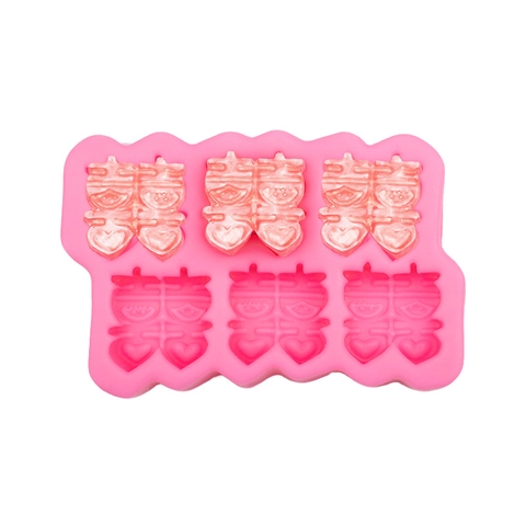 Stampo per Torte in Silicone a 6 Cavità Doppia Felicità per Matrimonio Cinese Fondente Cioccolato Sapone Strumento da Forno DIY Rosa Grigio