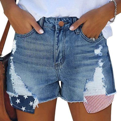 Damen Denim Shorts High Waist Ripped Distressed American Flag Stars And Stripes Tasche Roher Saum Baumwolle Casual