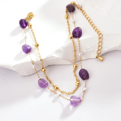 Bohemian Titanium Steel Double Layer Anklet With Natural Stone Chips And Artificial Pearl For Women Summer Beach Fashion Jewelry