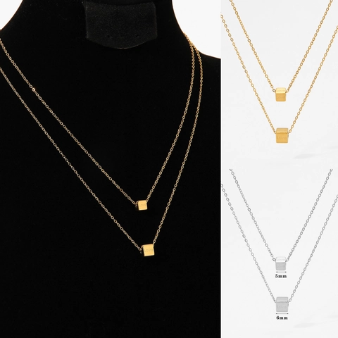 Collier Double Couche En Acier Inoxydable Pendentif Cube Gravé Love Bijoux Géométriques Minimalistes Pour Femmes Chaîne De Clavicule