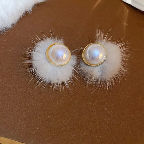 Plush Ball Earrings With Faux Artificial Pearl Rhinestone And Silver Earring Post Winter Autumn Style Retro Fashion For Women