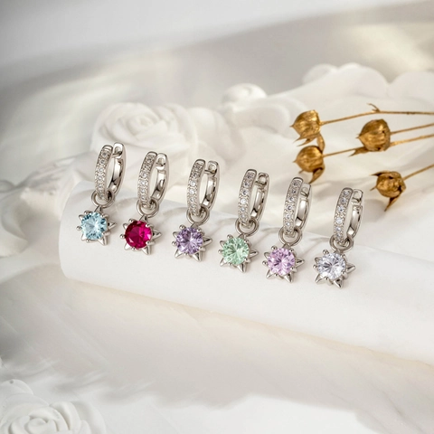Star Pendant Hoop Earrings Copper Colorful Zircon Inlaid Niche Design Dainty Ear Buckle For Women Fashion Jewelry