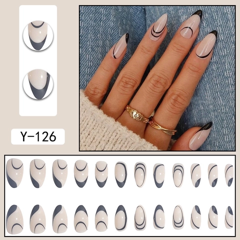 Uñas Postizas Press On Almendra Largas Líneas Negras Abstractas Nude Puntas De Uñas Brillantes Diseño Minimalista