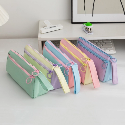 Astuccio Per Matite In Tela Grande Capacità Color Block Macaron Borsa Per Cancelleria Organizzatore Portatile Per Studenti Scuola Ufficio
