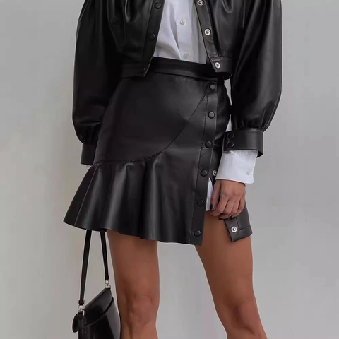 Women High Waist PU Leather Mini Skirt With Ruffle Hem Side Buttons Irregular Solid Color Streetwear Trendy Bottoms