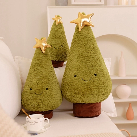 Cute Christmas Tree And Reindeer Plush Toy Soft Embossed Velvet Xmas Decoration Gift For Kids With Gold Star Bell