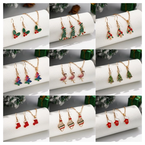 Bijoux Collier Et Boucles D'oreilles Noël Alliage Émail Strass Arbre Festif Bonhomme De Neige Flocon Pour Femmes