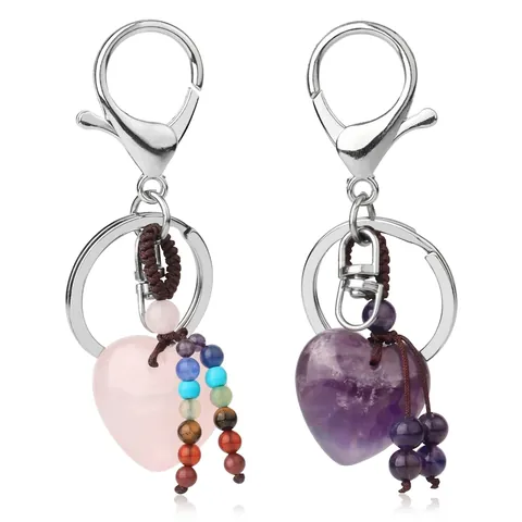 Heart Shape Natural Stone Crystal Keychain Handmade Woven Cord Multicolor Beads Bag Pendant Charm