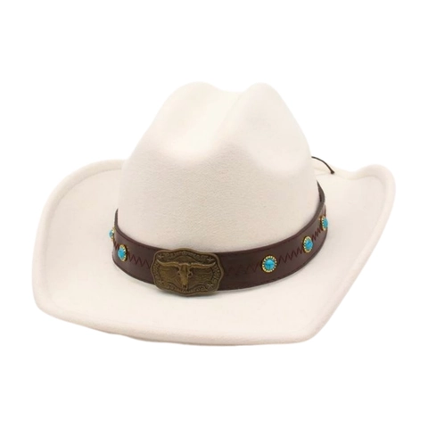 Western Cowboy Hat Vintage Felt Bull Head Buckle Turquoise Leather Band Wide Brim Outdoor For Men Women