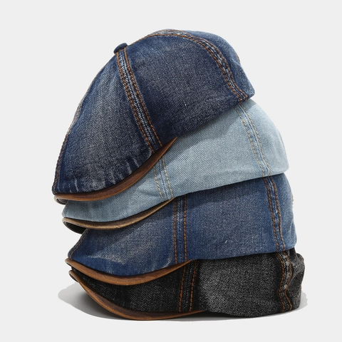 Vintage Gewaschene Denim Schirmmütze Mit Kunstlederbrim Kontrastnähten Verstellbare Ivy Cap Für Herren Und Damen