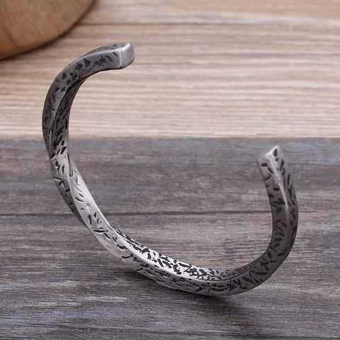 Men Vintage Stainless Steel Cuff Bracelet Open C-Shape Engraved Pattern Bangle Retro Industrial Style Jewelry