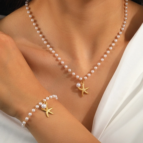 Set Gioielli Perle Artificiali Stella Marina Stile Oceano Acciaio Inossidabile Oro Argento Collana Bracciale Donna Mare