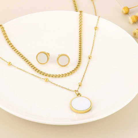 Stainless Steel Mother Of Artificial Pearl Necklace And Earrings Jewelry Double Layer Geometric Square Round Pendant Women