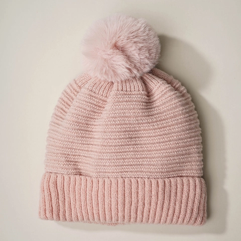 Women's Winter Knit Beanie Hat With Fluffy Pom Pom Faux Fur Glitter Silver Thread Ribbed Warm Thermal Casual Headwear
