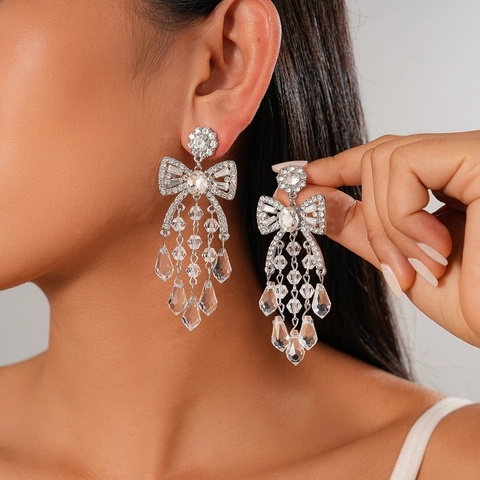 Orecchini Pendenti Con Fiocco E Nappe Con Perno In Argento Lega Vetro Strass Goccia D'acqua Gioielli Eleganti
