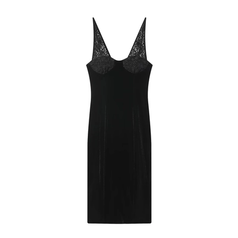 Sexy Velvet Midi Dress For Women With Lace Patchwork V Neck Spaghetti Strap Slim Fit Evening Party Clubwear High Slit