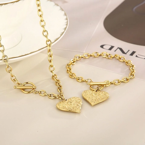 Retro Stainless Steel Heart Pendant Toggle Clasp Necklace And Bracelet Punk Hip Hop Fashion Jewelry For Women