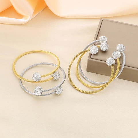 Brazalete De Cable Trenzado De Acero Inoxidable Para Mujer Con Bolas Dobles De Strass Puño Abierto Joyería De Moda
