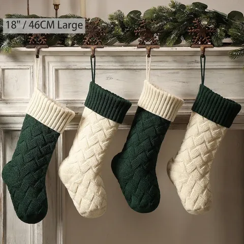 Large Knit Christmas Stockings Cable Knitted Fireplace Mantle Hanging Decor Gift Bags Rustic Farmhouse Holiday Thick Acrylic