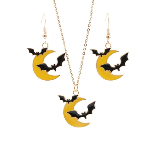 Halloween Moon Bat Necklace And Earrings Alloy Enamel Gothic Party Jewelry Accessories Personality For Women