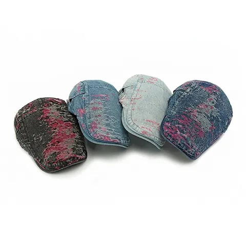 Washed Denim Cotton Ivy Cap Vintage Distressed Flat Cap For Men Women Jacquard Pink Splatter Adjustable Metal Buckle
