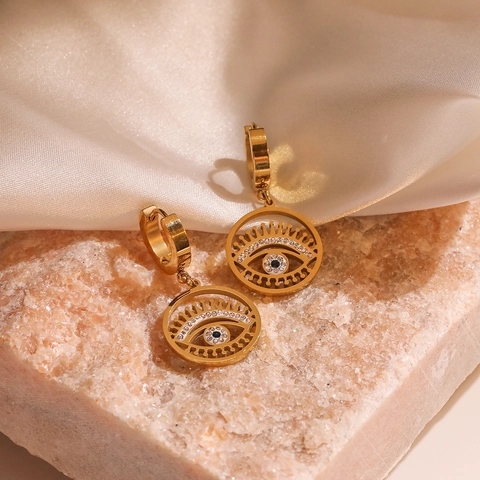 Evil Eye Creolen Gold Vergoldet Edelstahl Hohlherz Rund Sonnenstrahl Strass Vintage Schmuck Damen