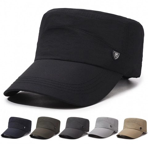 Men Cadet Cap Quick-Drying Flat Top Hat Sun Protection Breathable Outdoor Casual Adjustable Polyester Hat
