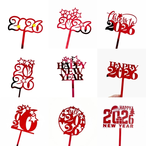 Happy New Year 2026 Cake Topper Acrylic Mirror Gold Red Cheers To 2026 Party Decoration For New Year's Eve