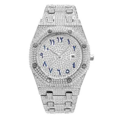 Luxury Men Quartz Watch Iced Out Full Diamond Stainless Steel Waterproof Date Arabic Numerals Octagonal Hip Hop Style